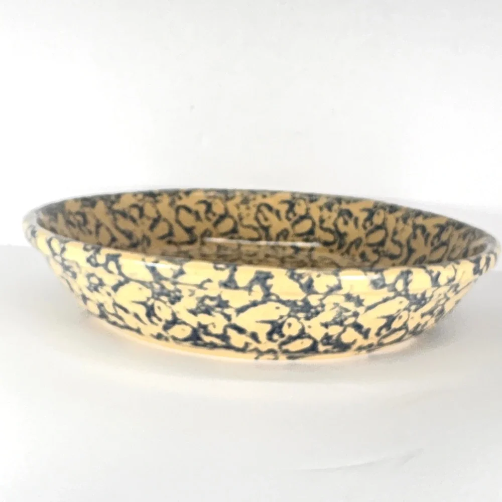 Roseville Pottery Spongeware Pie Plate Blue Tan Stoneware USA Farmhouse 9.5